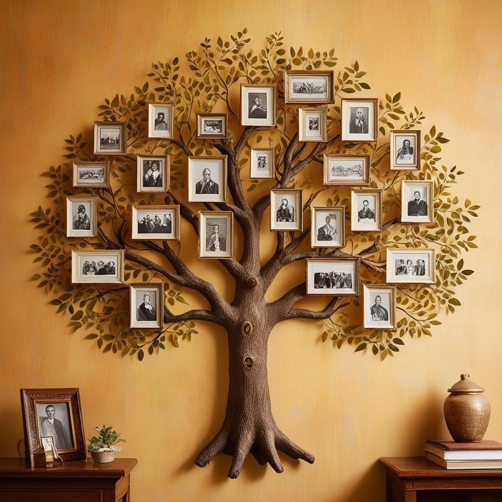 A beautifully designed family tree with photographs and vintage documents cascading down, intertwined with images representing diverse heritage stories, such as cultural symbols, old letters, and maps. In the background, a soft glow symbolizes the passage of time, while silhouettes of family members engage in storytelling. The overall mood is warm and inviting, reflecting the idea of legacy and connection. painting. vibrant colors. soft focus.