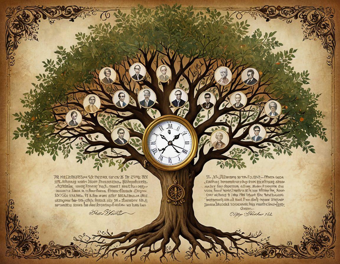 A family tree beautifully illustrated as large branches reaching out, with diverse ancestors depicted in historic attire in vibrant colors. Below, a magnifying glass examining an old parchment scroll, revealing names and dates of lineage, alongside heirlooms like an old photograph and a vintage compass. The background is a soft earth tone, giving a warm nostalgic feel. super-realistic. vibrant colors. harmonious layout.
