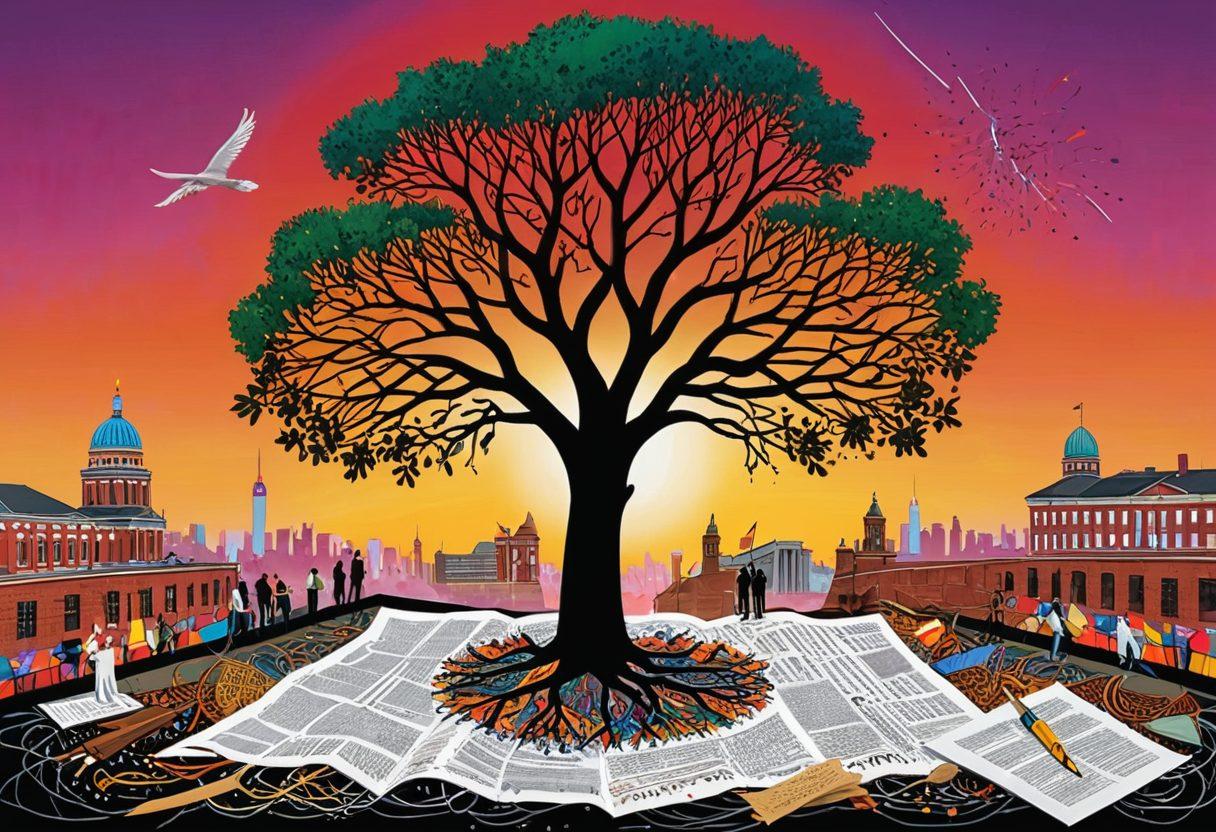 A detailed illustration showcasing an intricate web connecting various historical events, such as the signing of the Declaration of Independence, the fall of the Berlin Wall, and the civil rights movement. Each event is represented by symbolic artifacts or landmarks, linked with colorful dotted lines, leading towards a vibrant tree of cultural ancestry with diverse faces and cultural symbols at the roots. The background should depict a gradient sunset, symbolizing time's passage. super-realistic. vibrant colors. collage style.